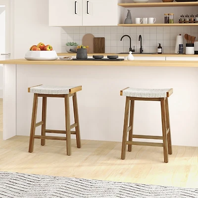 Set of 2 25.5" Dining Bar Stool, Seaweed Woven Seat
