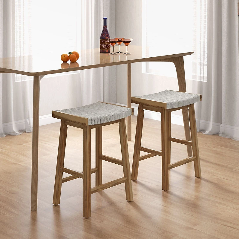 Set of 2 25.5" Dining Bar Stool, Seaweed Woven Seat