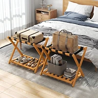 Set of 2 Folding Luggage Racks, 5 Nylon Straps and Slatted Storage Shelf
