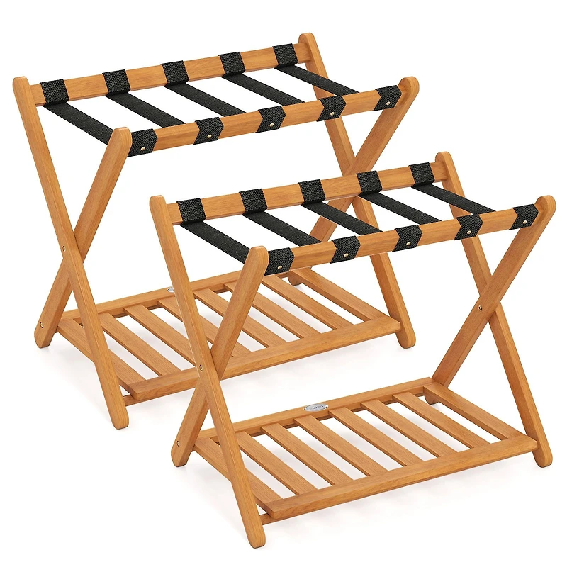 Set of 2 Folding Luggage Racks, 5 Nylon Straps and Slatted Storage Shelf