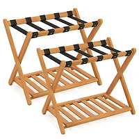 Set of 2 Folding Luggage Racks, 5 Nylon Straps and Slatted Storage Shelf