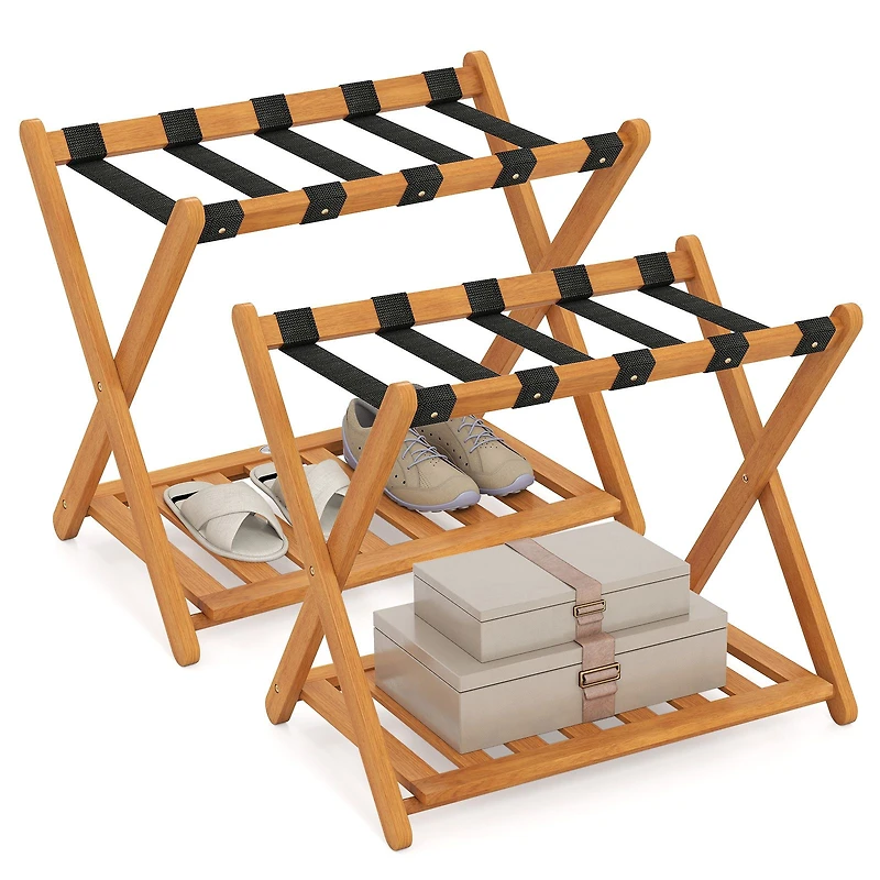 Set of 2 Folding Luggage Racks, 5 Nylon Straps and Slatted Storage Shelf