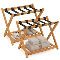 Set of 2 Folding Luggage Racks, 5 Nylon Straps and Slatted Storage Shelf