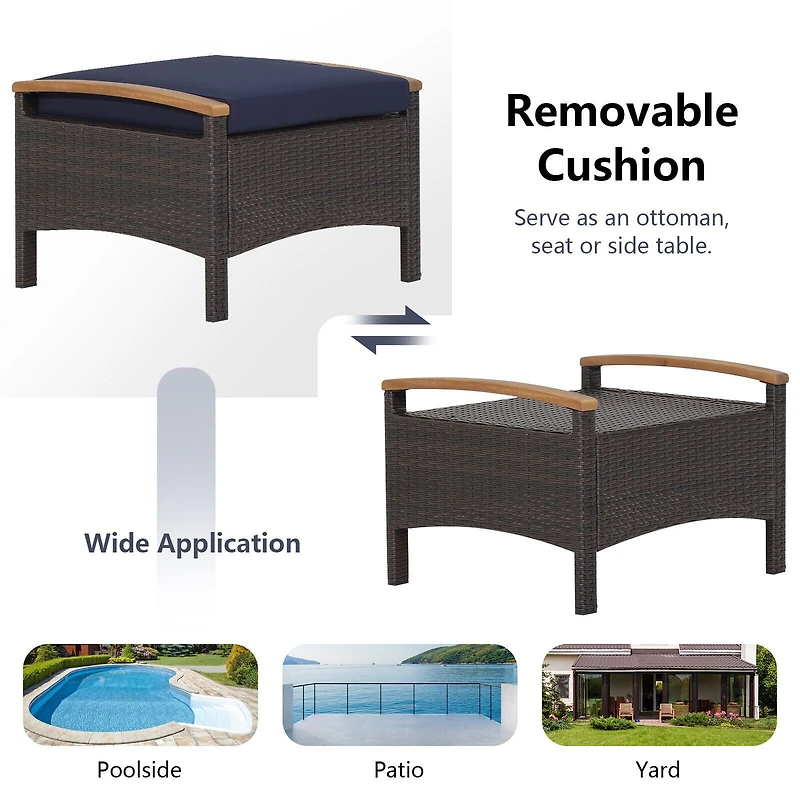 Set of 2 Fade-Resistant Wicker Patio Ottoman - Navy