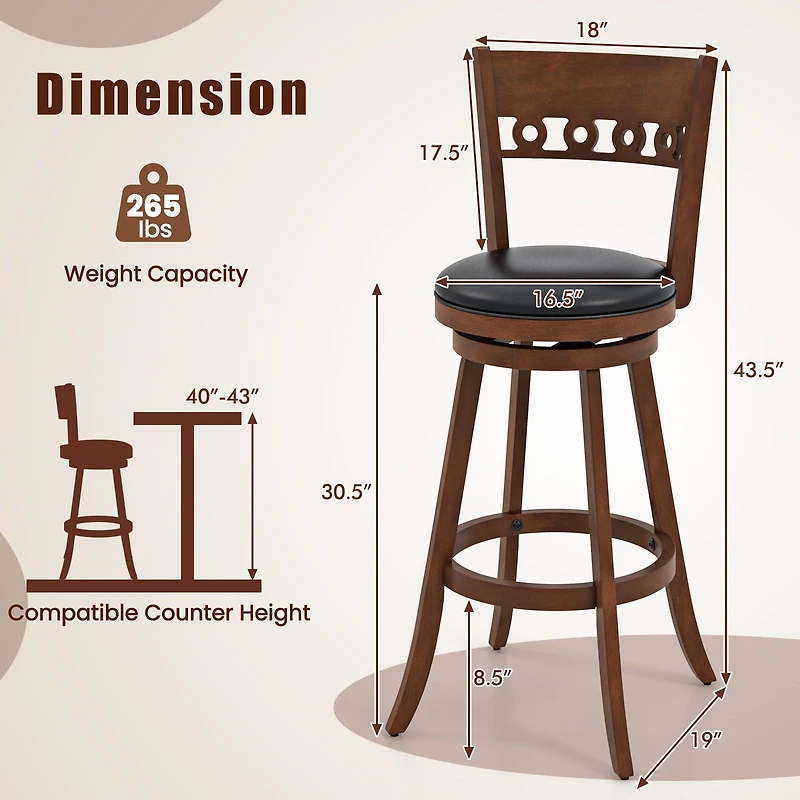 Set of 2 Swivel Bar Stools, Rubber Wood Frame - 30.5"