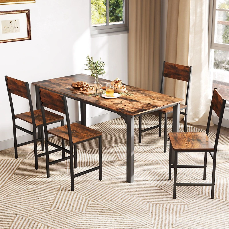 Set of 4 Dining Chairs, Metal Legs and Slanted Back - Rustic Brown