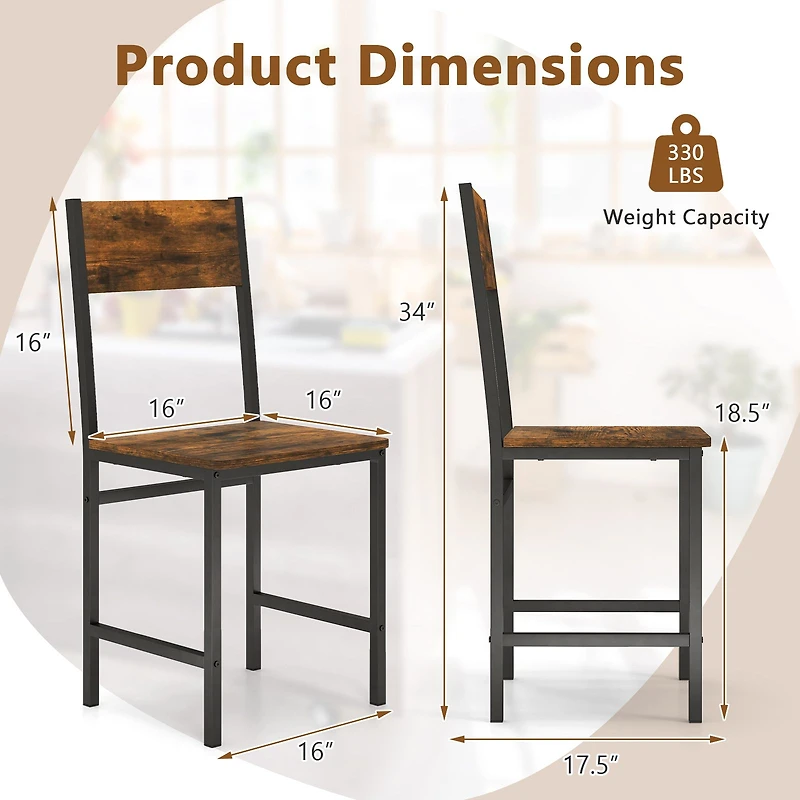 Set of 4 Dining Chairs, Metal Legs and Slanted Back - Rustic Brown