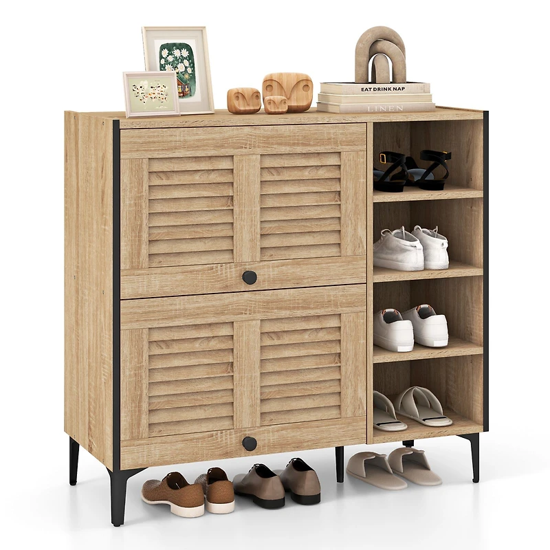 Shoe Rack Organizer, Flip-up See-through Doors and Adjustable Shelves - Oak