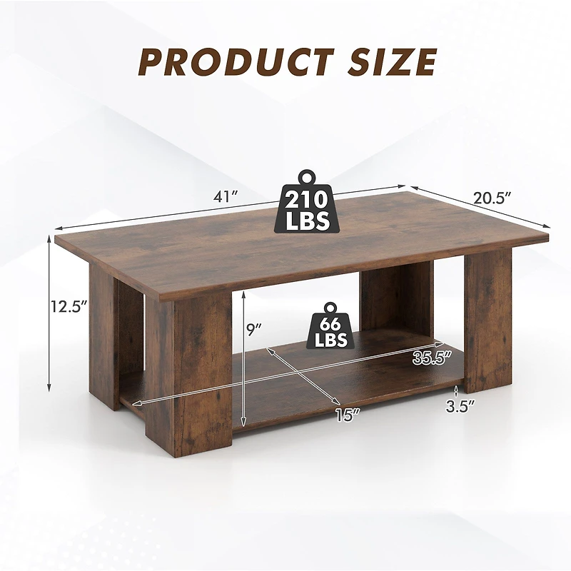 Large 41" 2-tier Wooden Modern Coffee Table, Storage Shelf
