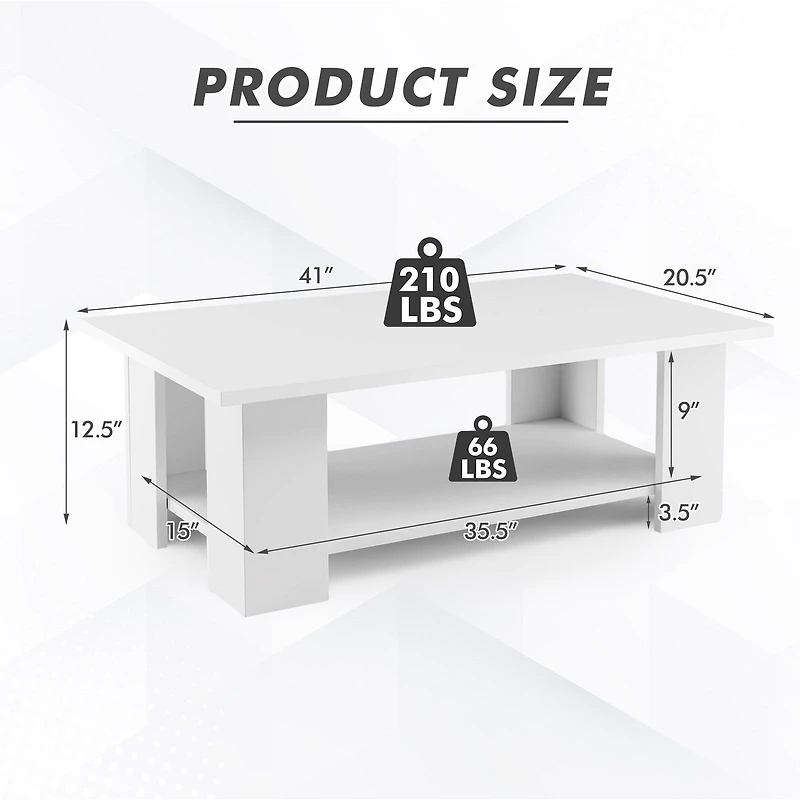 Large 41" 2-tier Wooden Modern Coffee Table, Storage Shelf
