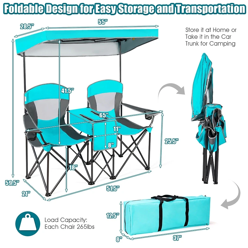 Portable Folding Camping Canopy Chairs, Cup Holder - Turquoise