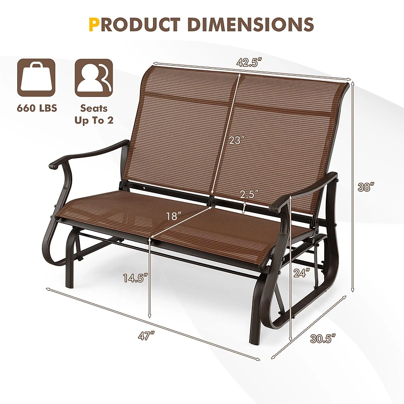 2-Person Patio Glider Bench, High Back and Curved Armrests - Brown