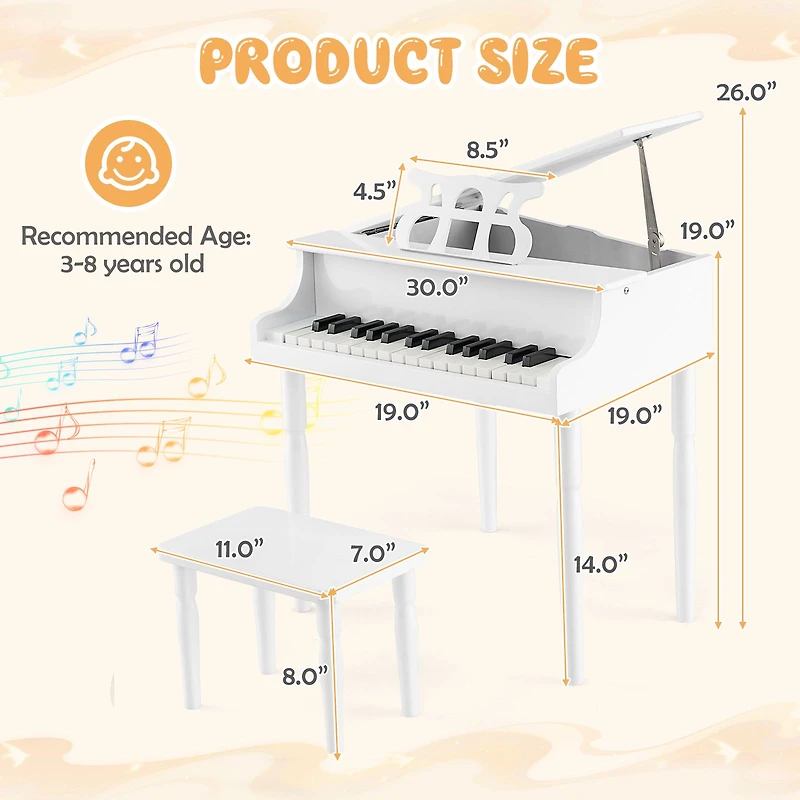 Piano à queue jouet en bois pour enfants à 30 touches, banc et pupitre - Blanc