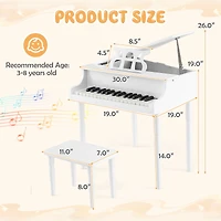 Piano à queue jouet en bois pour enfants à 30 touches, banc et pupitre - Blanc