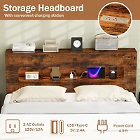 Slatted Full Bed Frame, LED Lights and Storage Headboard No Box Spring Needed - Full Size