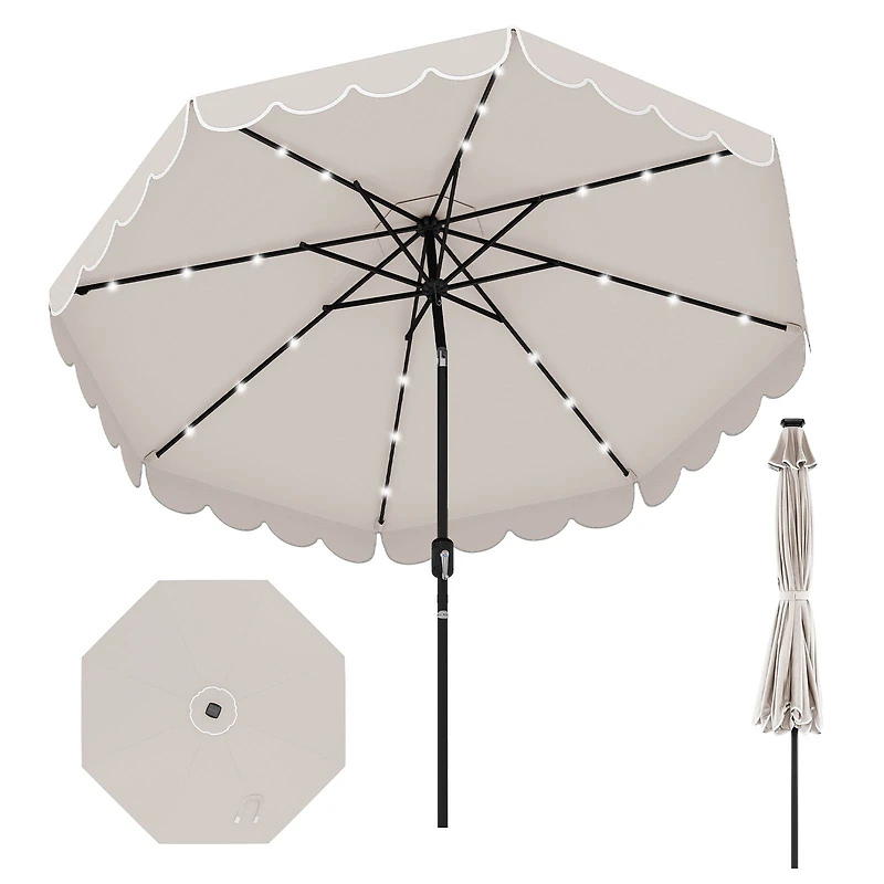 9.3 Feet Solar Patio Umbrella, 24 LED Lights Vented Top and Ruffles - Beige