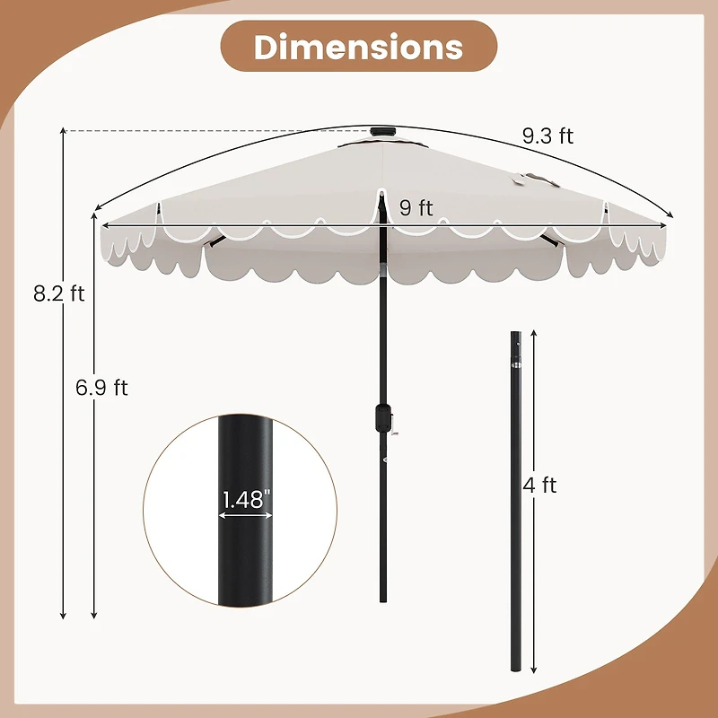 9.3 Feet Solar Patio Umbrella, 24 LED Lights Vented Top and Ruffles - Beige