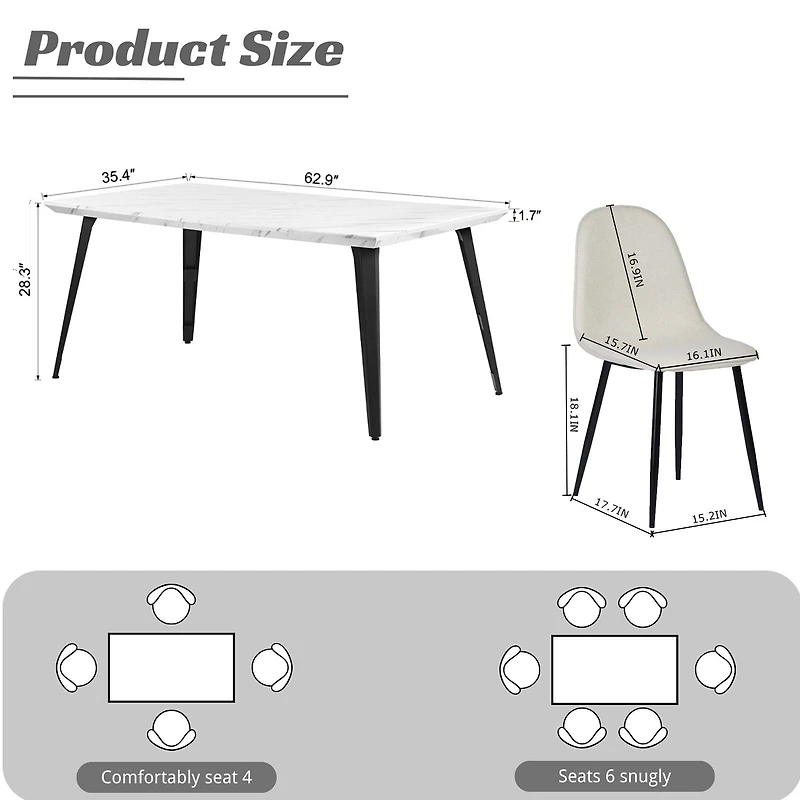 Ensemble de salle à manger moderne 5 pièces avec table en marbre et chaises ivoire