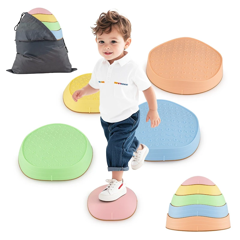Stepping Stones for Kids 5-Piece Non-Slip Balance Stones, Storage Bag - Macaron