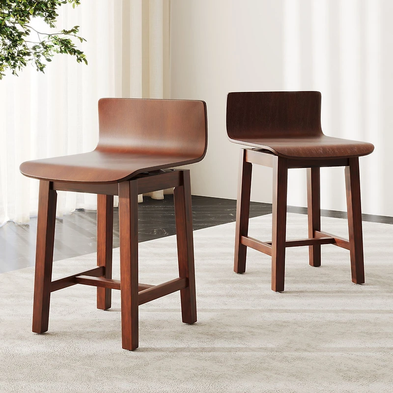 Swivel Dining Chair Set of 2, Low Back and Curved Seat - Walnut
