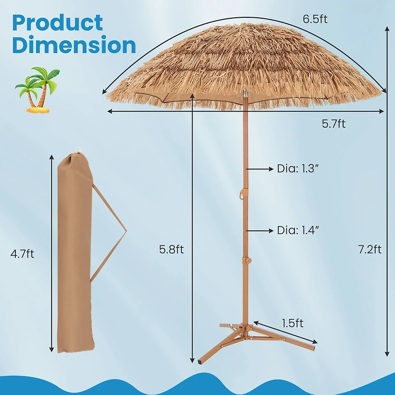 6.5 Feet Thatched Tiki Umbrella, Foldable Stand Push Button Tilt - Natural