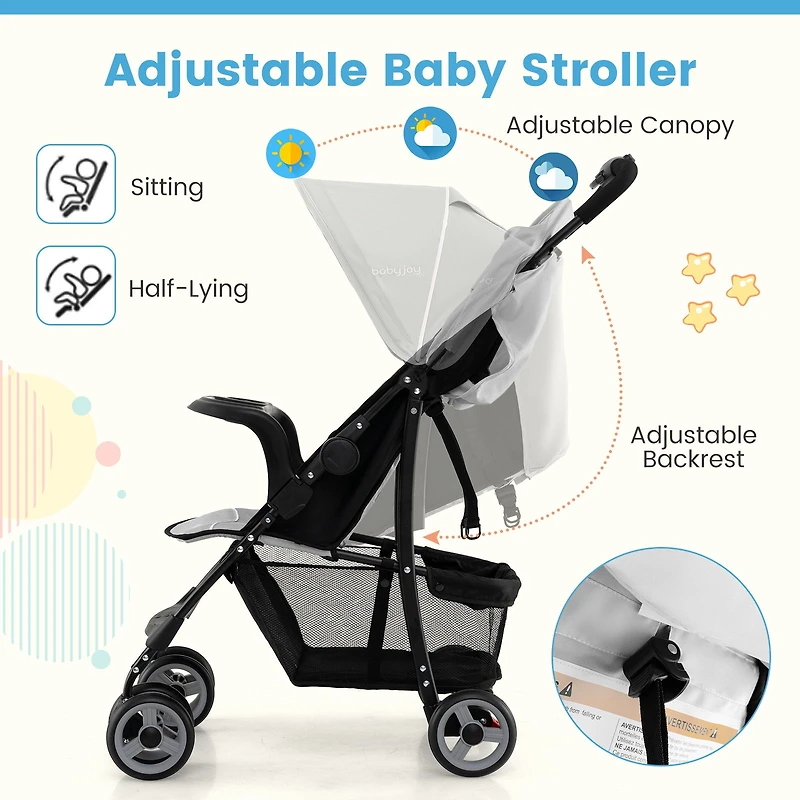 Toddler Travel Stroller for Airplane, Canopy and Adjustable Backrest
