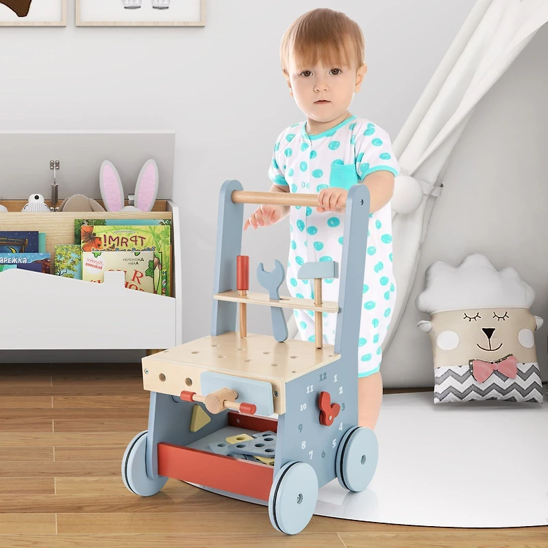 2-in-1 Toddler Wooden Baby Push Walker, Multi-Activity Center