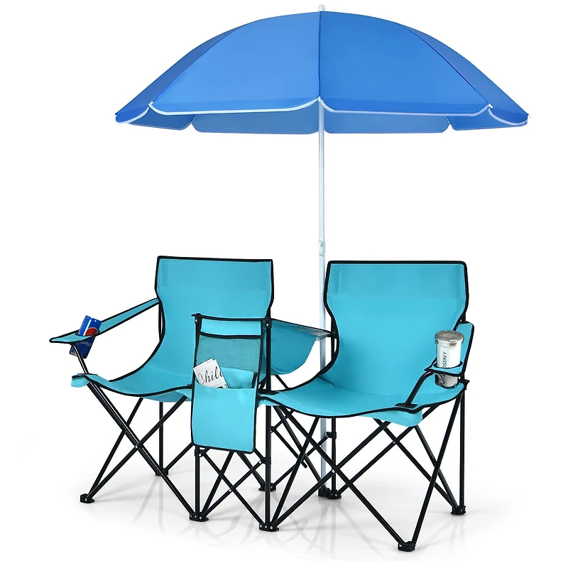 Portable Folding Picnic Double Chair, Umbrella