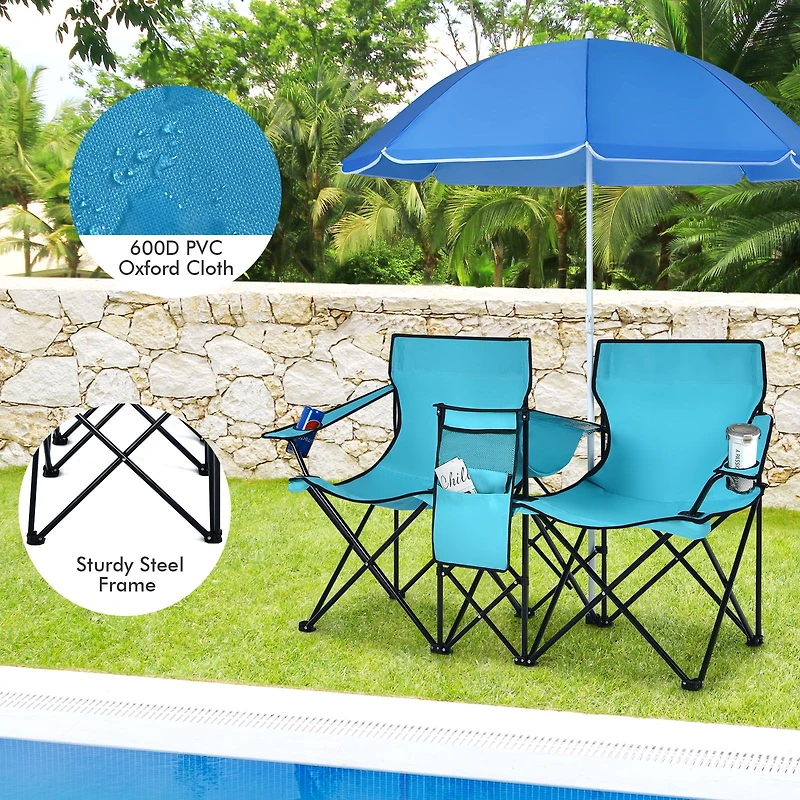 Chaise double de pique-nique pliable et portable, parasol