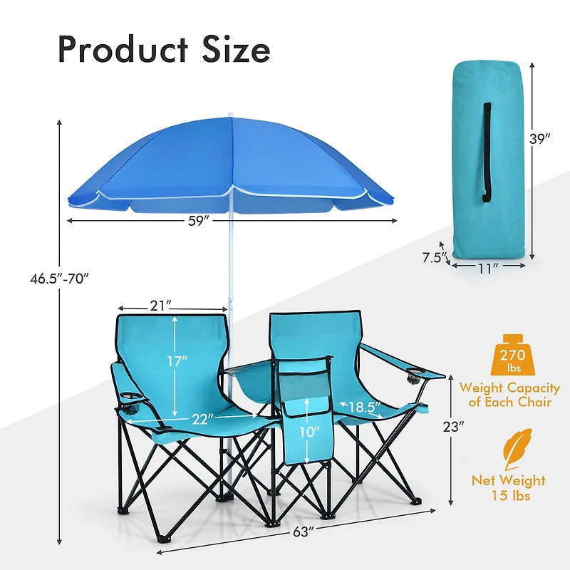 Portable Folding Picnic Double Chair, Umbrella