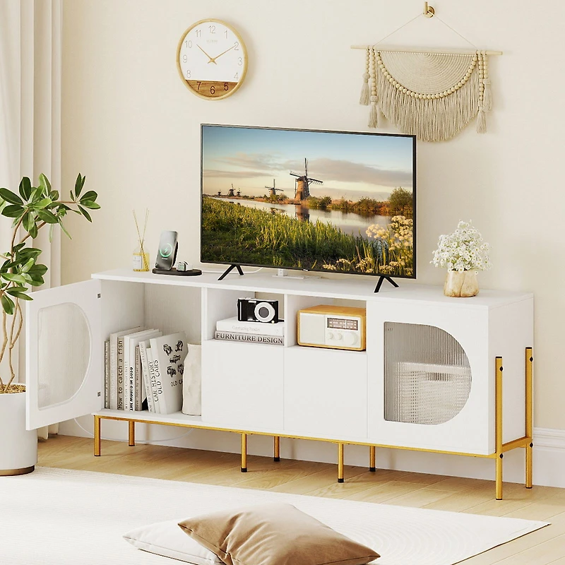 TV Stand for 70" TV, Power Outlets Drawers and Open Shelves - White