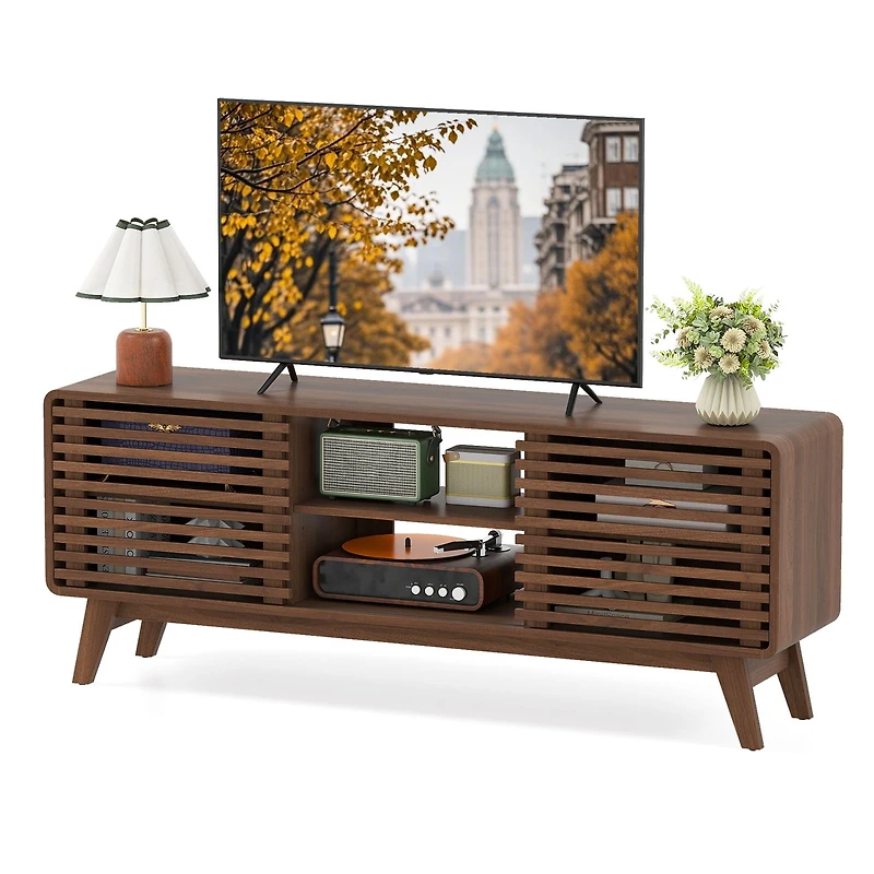 TV Stand for TVs up to 65", Sliding Doors and Adjustable Shelves for Living Room - Walnut
