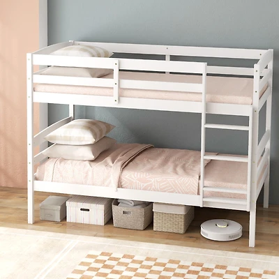 Solid Wood Twin Over Twin Bunk Bed Frame, High Guardrails and Integrated Ladder - White