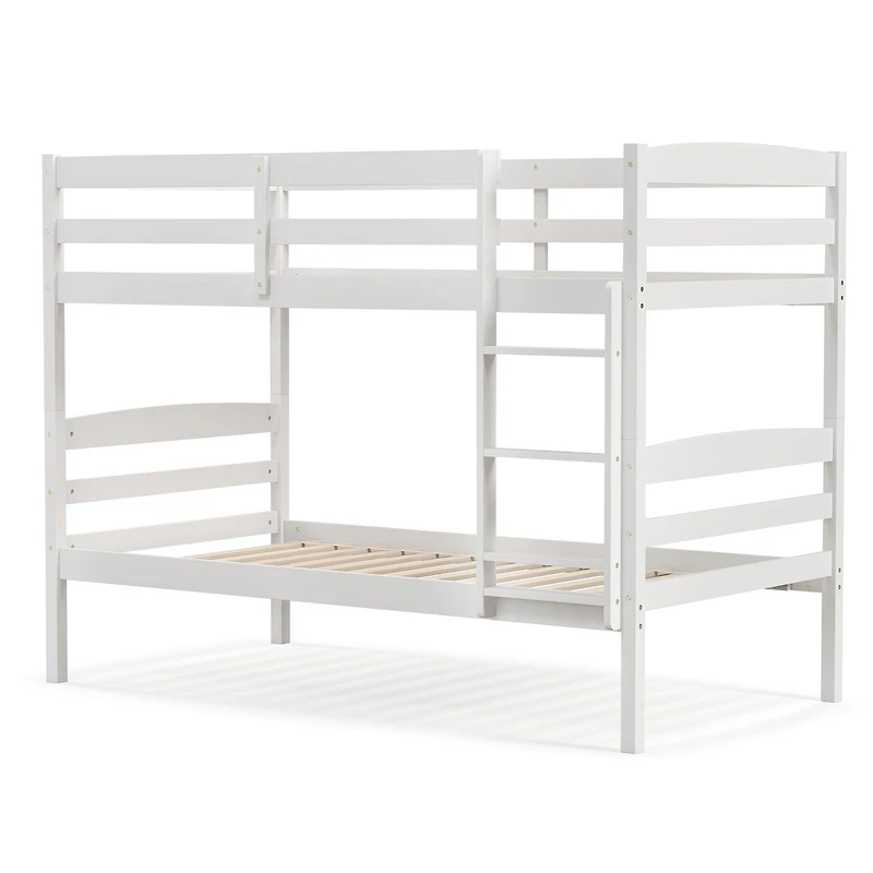 Solid Wood Twin Over Twin Bunk Bed Frame, High Guardrails and Integrated Ladder - White