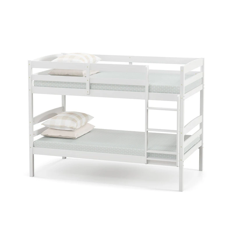 Solid Wood Twin Over Twin Bunk Bed Frame, High Guardrails and Integrated Ladder - White