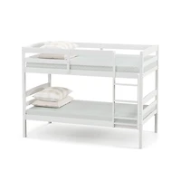 Solid Wood Twin Over Twin Bunk Bed Frame, High Guardrails and Integrated Ladder - White
