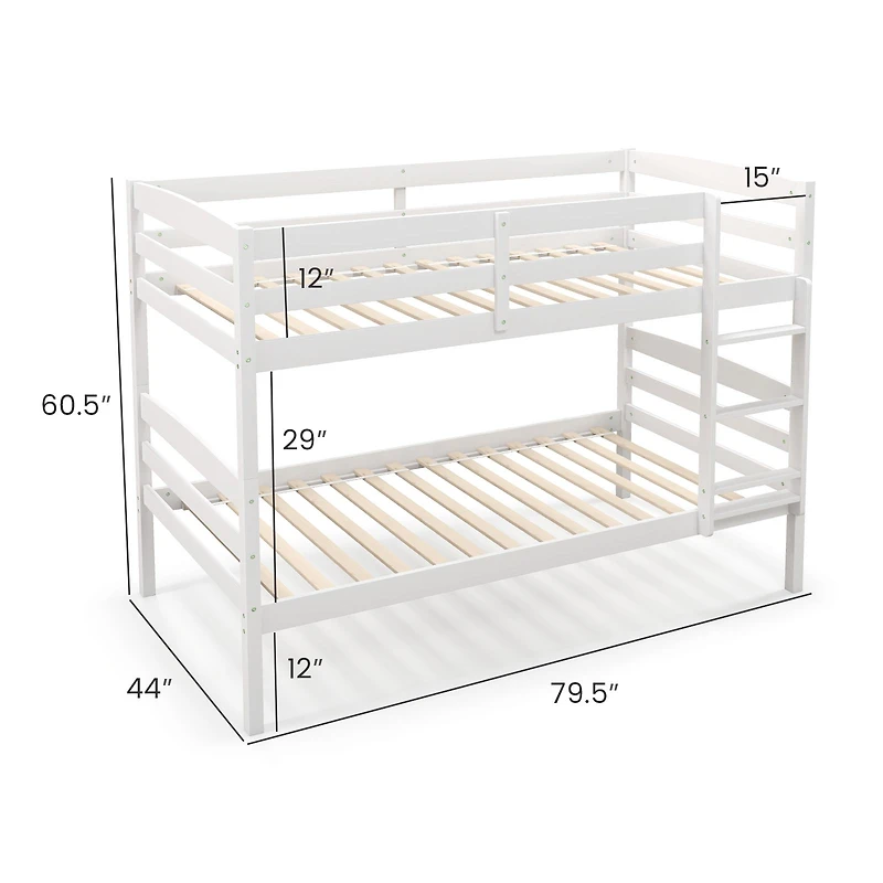 Solid Wood Twin Over Twin Bunk Bed Frame, High Guardrails and Integrated Ladder - White