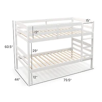 Solid Wood Twin Over Twin Bunk Bed Frame, High Guardrails and Integrated Ladder - White