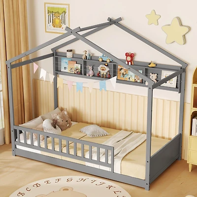 Twin Size House Bed, Storage Shelf and Headboard - Gray