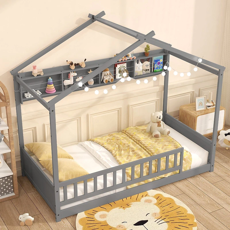 Twin Size House Bed, Storage Shelf and Headboard - Gray
