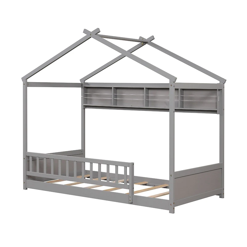 Twin Size House Bed, Storage Shelf and Headboard - Gray