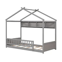 Twin Size House Bed, Storage Shelf and Headboard - Gray