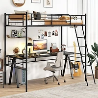 Twin Size Loft Bed Metal Bed Frame with Ladder and Guardrails