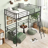 Twin Size Loft Bed Metal Bed Frame with Ladder and Guardrails
