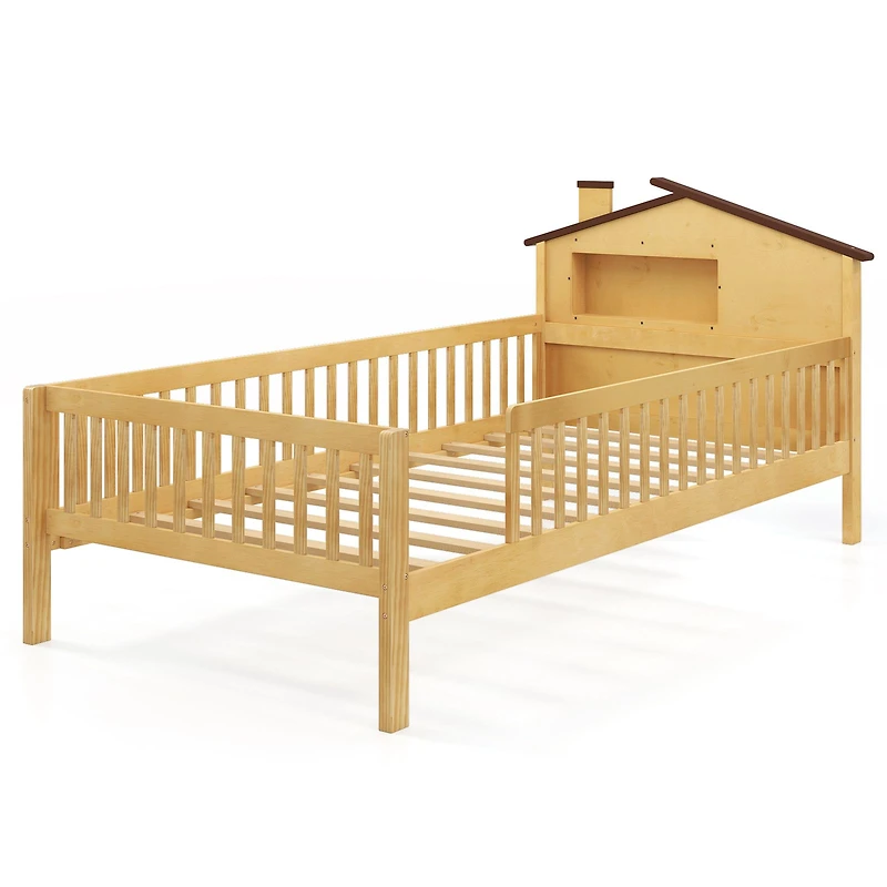 Twin Kids Montessori Bed, House-Shaped Headboard and Built-in Storage Shelf