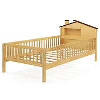 Twin Kids Montessori Bed, House-Shaped Headboard and Built-in Storage Shelf