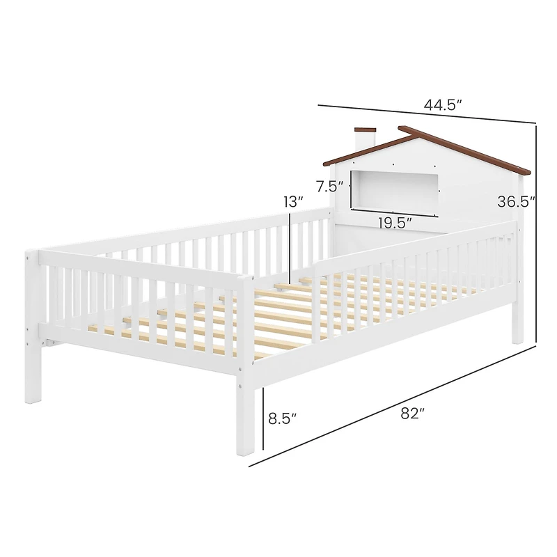 Twin Kids Montessori Bed, House-Shaped Headboard and Built-in Storage Shelf