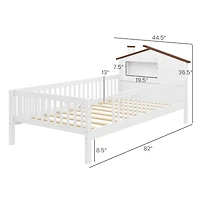 Twin Kids Montessori Bed, House-Shaped Headboard and Built-in Storage Shelf