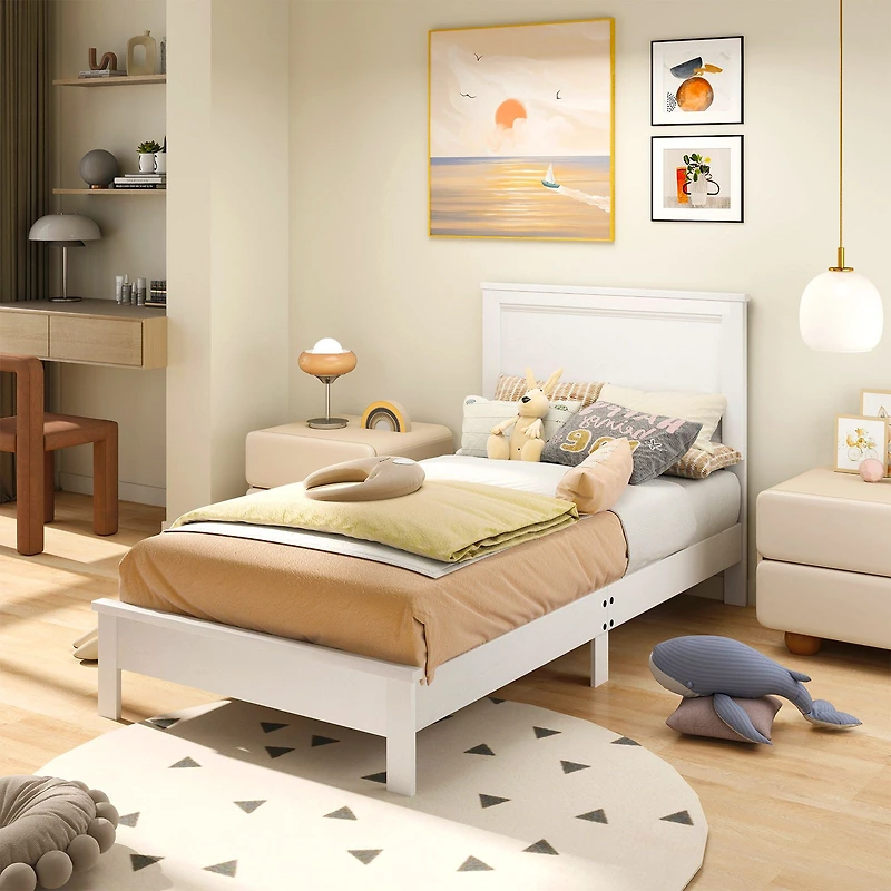 Twin Size Wooden Bed Frame, Headboard and Slat Support - White