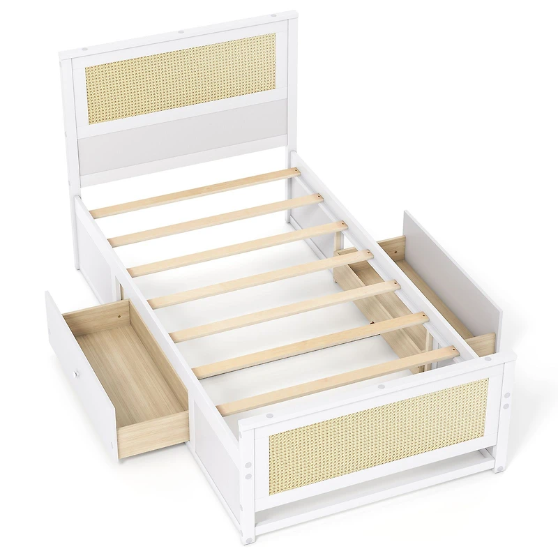 Twin Size Rattan Bed Frame, Storage Drawers - White